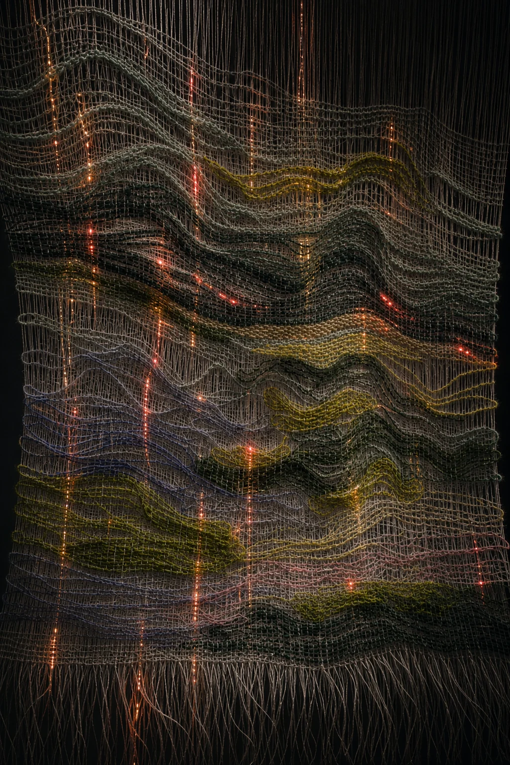 Handwoven landscape transformed into a dark computational signal field